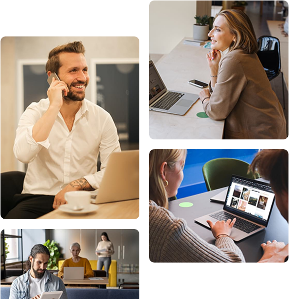 Collage of the Saeed Accounting team on client calls and working at laptops